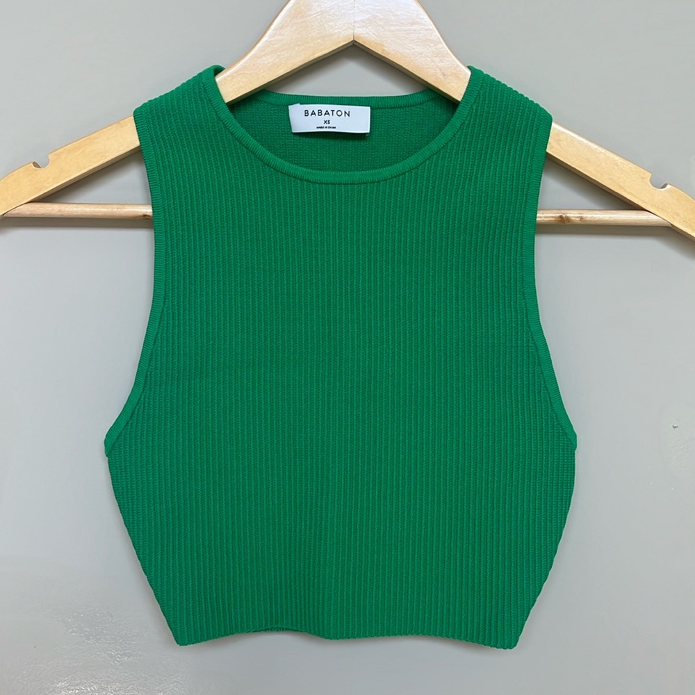 Aritzia Babaton Green High Neck Ribbed Top.